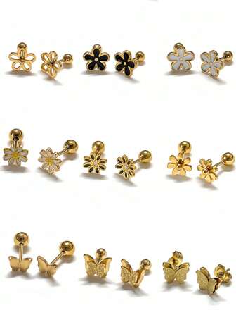 Delicate 3D Flower Earring Set, Small Stud Earrings, Fashionable, Simple, Textured Design, Suitable For Women To Wear Casually, Black, Gold, Steel Grey Tones Valentines
