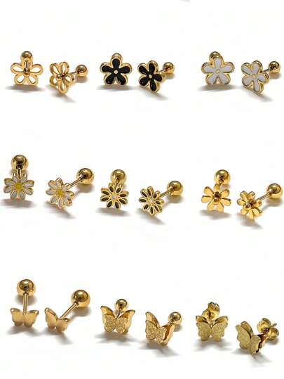 精致 3D 花朵耳环套装，小耳钉，时尚、简约、纹理设计，适合女性休闲佩戴，黑色、金色、钢灰色调情人节