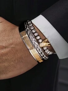 3 件装优雅皇冠设计不锈钢开口袖口手链男士 - 王冠 - 查看 12