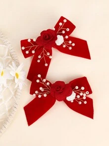 2 件装红色天鹅绒发夹女士珍珠花蝴蝶结鳄鱼夹女孩小辫蝴蝶结发夹秋冬发夹新年发夹女士发饰 - 紅色 - 查看 2