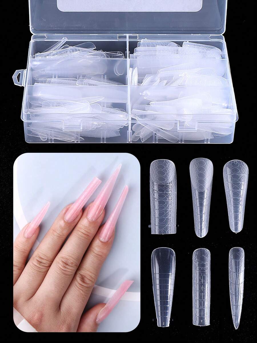 288 khuôn nối móng dài 6 hình dạng, hai đầu trong suốt, dạng bọc toàn bộ, đầu nhọn, hình quan tài, khuôn làm móng nhanh có vạch chia, hộp hỗn hợp dụng cụ làm móng, đồ dùng làm móng, thiết kế salon. - Trong sáng - Xem 1
