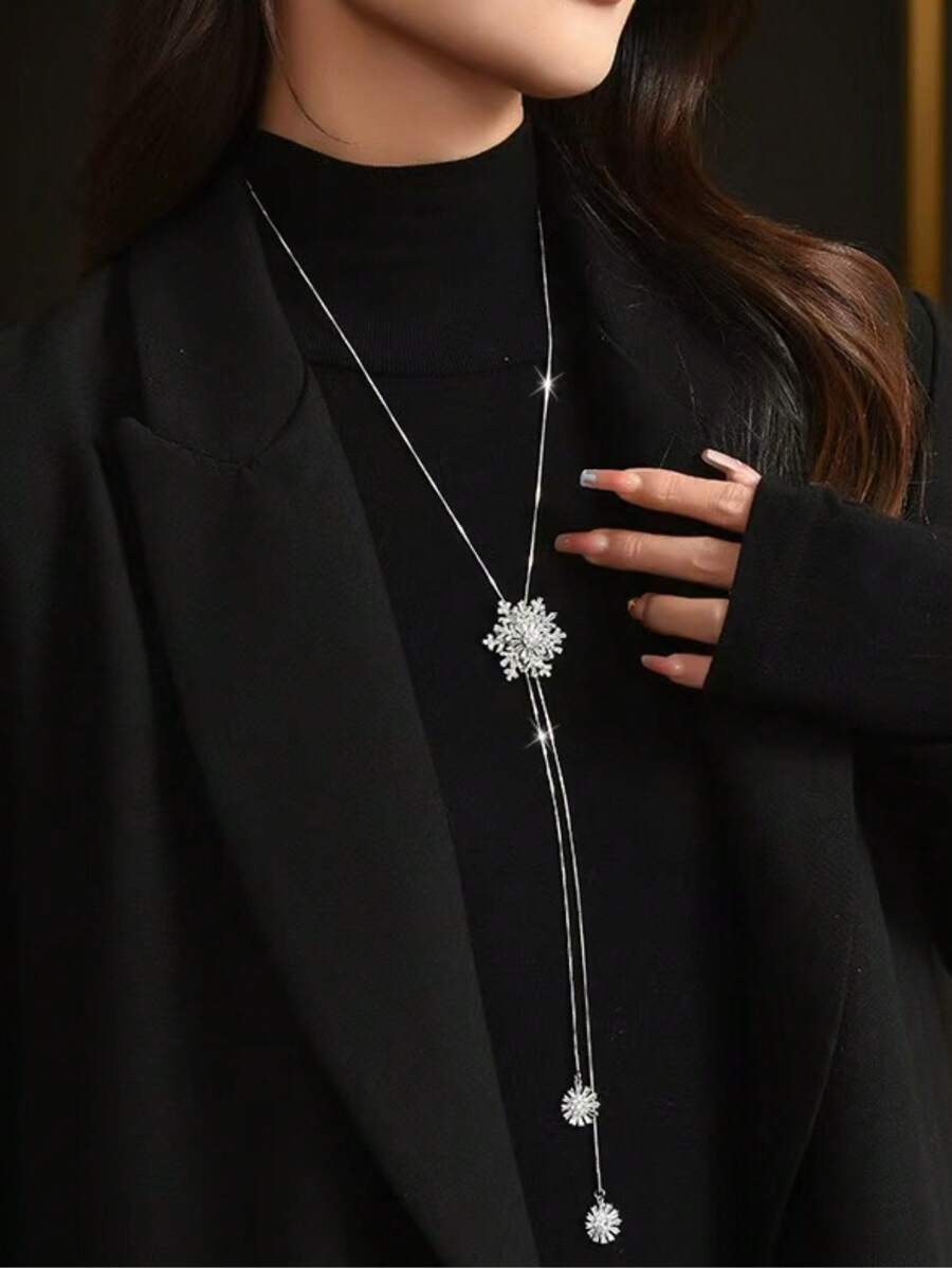 1 chiếc dây chuyền mặt bông tuyết dài có thể điều chỉnh dành cho nữ, thích hợp cho mùa thu/đông, ngày lễ Giáng sinh và tiệc tùng - Bạc - Xem 1