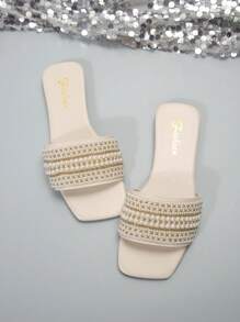 Women's Plus Size Flat Sandals, Vacation Style Casual Versatile Rhinestone Decor Summer Slides - Beige - View 4
