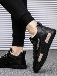 DUKESTON 2024冬季男士保暖天鹅绒皮革鞋面防水休闲鞋高帮运动鞋学生时尚运动鞋青少年防滑休闲运动 - 黑色 - 查看 4