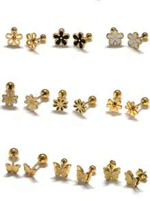 Delicate 3D Flower Earring Set, Small Stud Earrings, Fashionable, Simple, Textured Design, Suitable For Women To Wear Casually, Black, Gold, Steel Grey Tones Valentines - Multicolor - View 13