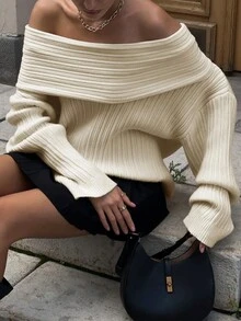 Women Fashion Off Shoulder Loose Casual Long Sleeve Sweater - Apricot - View 4