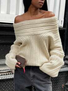 Women Fashion Off Shoulder Loose Casual Long Sleeve Sweater - Apricot - View 1