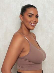 Plus Size Fitness Cropped Gym Top With Removable Pads Adjustable Thin Straps - Brown - View 2