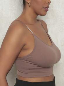 Plus Size Fitness Cropped Gym Top With Removable Pads Adjustable Thin Straps - Brown - View 4