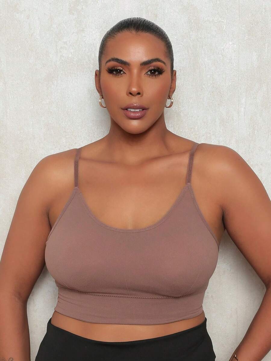 Plus Size Fitness Cropped Gym Top With Removable Pads Adjustable Thin Straps - Brown - View 1