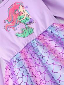 Young Girl Long Sleeve Mermaid Scale Mesh Overlay Dress - Violet Purple - View 5