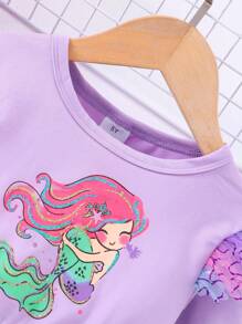 Young Girl Long Sleeve Mermaid Scale Mesh Overlay Dress - Violet Purple - View 3