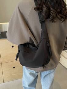 Fashionable Yellow Nylon Waterproof Shoulder Bag With Simple & Casual College Style, Wide Strap, Multiple Zipper Design Suitable For Students, Shopping, Daily Use, Shoulder Bag For School - màu đen - Xem 4