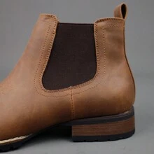 Herren Retro bestickte Outdoor Chelsea Knöchel Stiefel, dicke Sohle quadratische Zehenkappe Klotz Absatz Western Stil Chelsea Stiefel, einfaches & modisches vielseitiges Slip-On Design