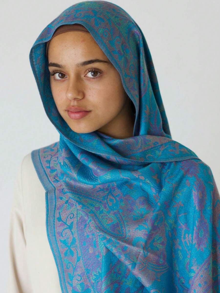 1 件女士佩斯利花纹和花卉刺绣波西米亚风格头巾围巾，复古休闲防晒披肩，适合日常穿着，秋冬