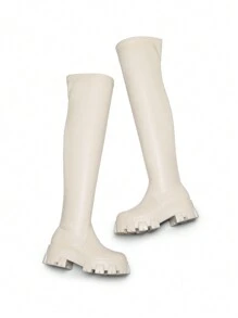 Women Fashion Knee High Boots Comfortable Lug Sole High Stretch Black Boots For Daily Wearing Commute Christmas Gift Autumn Winter Wearing - 米色PU - 查看 7