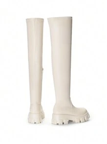 Women Fashion Knee High Boots Comfortable Lug Sole High Stretch Black Boots For Daily Wearing Commute Christmas Gift Autumn Winter Wearing - 米色PU - 查看 5