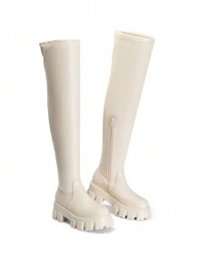 Women Fashion Knee High Boots Comfortable Lug Sole High Stretch Black Boots For Daily Wearing Commute Christmas Gift Autumn Winter Wearing - 米色PU - 查看 6