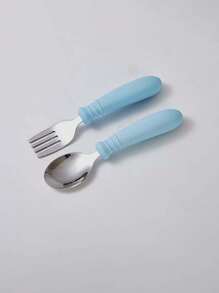 1set 2pcs Silicone & Stainless Steel Fork And Spoon Set, Baby Self-Feeding Training Cutlery, Children Tableware Tong Spoon - Multicolor - View 7