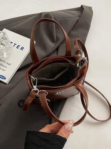 1pc Women Solid Color PU Leather Zipper Closure Handbag, Suitable For Dates And Gifts - Brown - View 5