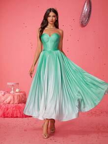 Smilprince Neues elegantes grünes Farbverlauf Tube A-Linie plissiertes Abend-Abiball-Kleid für Frauen, Abendkleid, für Hochzeitsgäste, Abschluss, Dinner