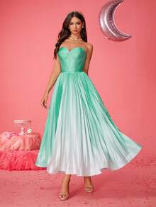 Smilprince Neues elegantes grünes Farbverlauf Tube A-Linie plissiertes Abend-Abiball-Kleid für Frauen, Abendkleid, für Hochzeitsgäste, Abschluss, Dinner