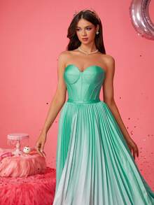 Smilprince Neues elegantes grünes Farbverlauf Tube A-Linie plissiertes Abend-Abiball-Kleid für Frauen, Abendkleid, für Hochzeitsgäste, Abschluss, Dinner