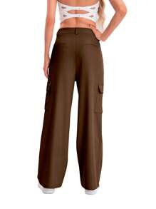 Pantalones De Trabajo De Talle Bajo Y Corte Ajustado Con Múltiples Bolsillos - Café integral - Ver 2