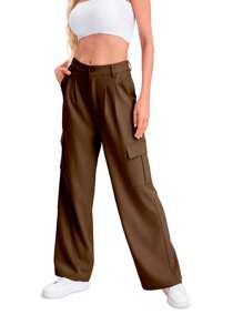 Pantalones De Trabajo De Talle Bajo Y Corte Ajustado Con Múltiples Bolsillos - Café integral - Ver 4