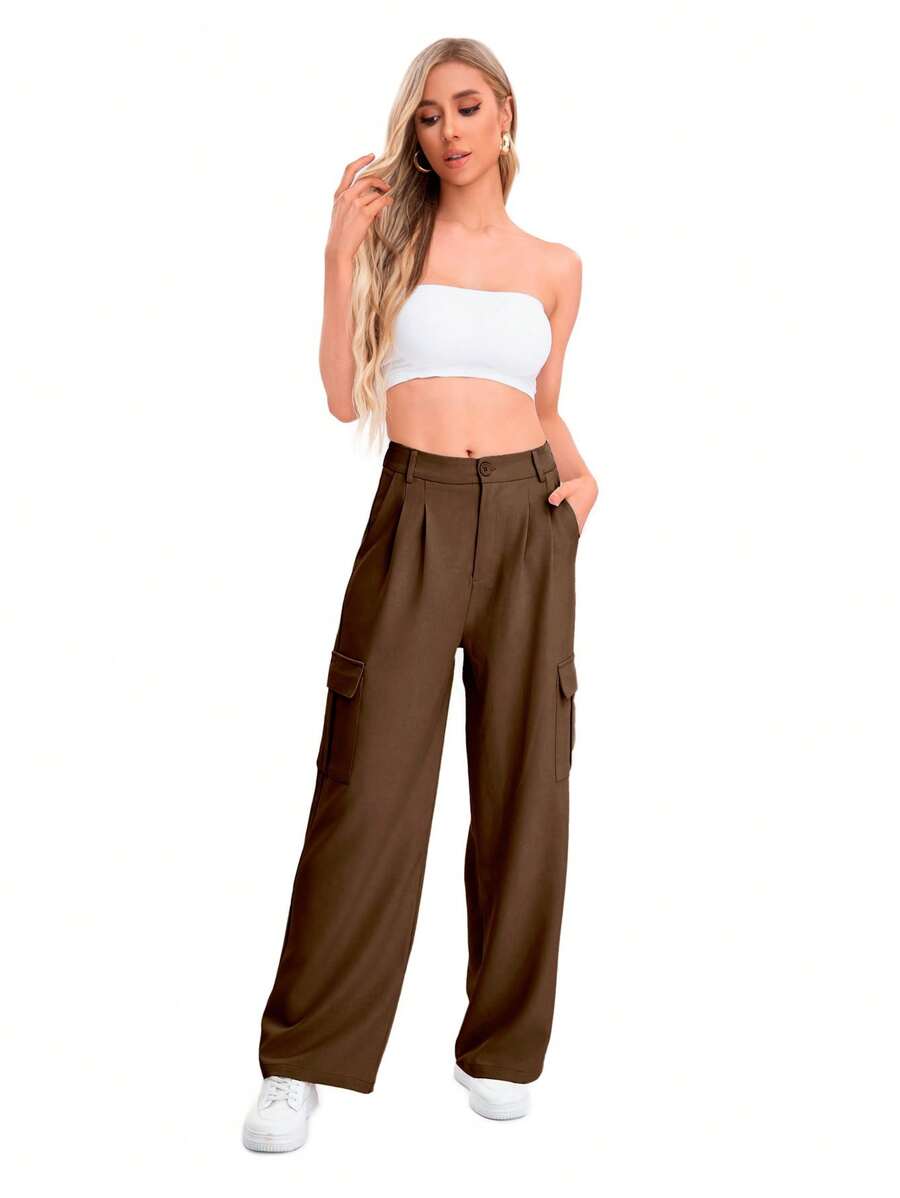 Pantalones De Trabajo De Talle Bajo Y Corte Ajustado Con Múltiples Bolsillos - Café integral - Ver 1