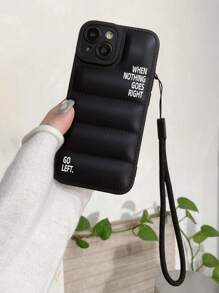 1pc Letter Print Air Cushion Perforated Black Feather Down Phone Case Compatible With IPhone 17, AIR, 17PRO, 17PROMAX, 16promax, 16E, 14/13, 12, 11 Pro Max, XS Max, X, XR, 8, 7, 6S, Plus, Anti-Drop Phone Case, Suitable As Birthday Gift, Girlfriend, Boyfriend Or Self-Use - Black - View 1