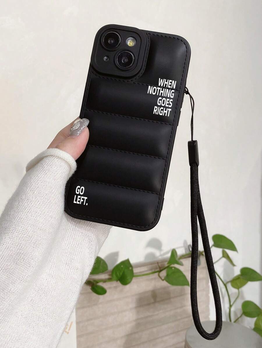 1pc Letter Print Air Cushion Perforated Black Feather Down Phone Case Compatible With IPhone 17, AIR, 17PRO, 17PROMAX, 16promax, 16E, 14/13, 12, 11 Pro Max, XS Max, X, XR, 8, 7, 6S, Plus, Anti-Drop Phone Case, Suitable As Birthday Gift, Girlfriend, Boyfriend Or Self-Use - Black - View 1