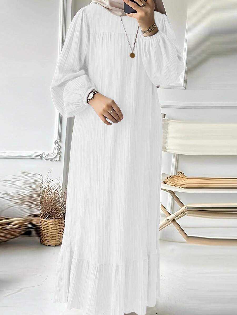 Women Vintage Puff Sleeve Dress With Pockets And Ruffle Hem, Spring And Autumn Fashion, Modest - White - View 1