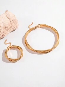 imoli 2pcs Set Vintage Chic Iron Triple-Line Coiled Spring Metal Punk Rock Luxe Hiphop Chunky Jewelry Necklace And Bracelet Set For Women, Party Gift - Multicolor - View 5