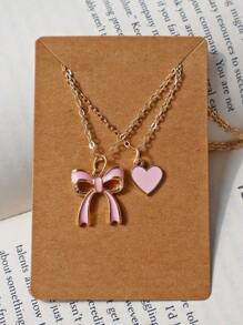 2pcs Heart & Bowknot Necklace Set: Pink Heart Necklace & Cute Bowknot Style Necklace, Best Friend Gift Valentines - Pink - View 13