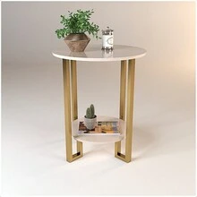Side Table With 2 Round Tops In MDP Wood, Gold Metal Legs, Beige Top - 米色 - 查看 4