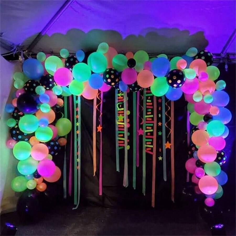 Bộ 139 bóng bay NEON,/Vòm bóng bay huỳnh quang hình sao và sọc neon phát sáng trong bóng tối 118 inch với bóng bay chấm bi neon màu vàng, cam, hồng, xanh lam và neon cho tiệc disco, bóng bay phát sáng với đèn đen - Nhiều màu - Xem 1