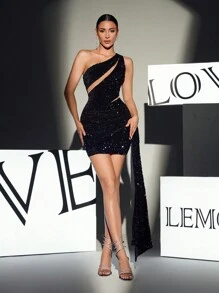 Black Asymmetrical Neck Sequin Flared Cocktail Dress Party Dress Wedding Guest Dress Spring - Black - View 4