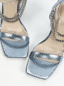 Women's Fashionable High-End Square Toe High Heel Sandals, Elegant Chain Decor Strap Sexy Ankle Strap Design, Suitable For Night Parties, Comfortable Metal Material Chic Sandals