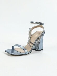 Women's Fashionable High-End Square Toe High Heel Sandals, Elegant Chain Decor Strap Sexy Ankle Strap Design, Suitable For Night Parties, Comfortable Metal Material Chic Sandals