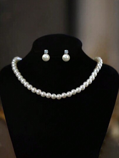 3pcs/Set Classic Faux Pearl Necklace And Earring Set, Suitable For Women's Daily Wear, Perfect Gift For Mother, Girlfriend