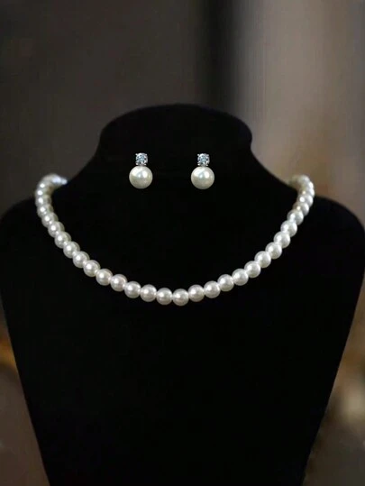 3pcs/Set Classic Faux Pearl Necklace And Earring Set, Suitable For Women's Daily Wear, Perfect Gift For Mother, Girlfriend