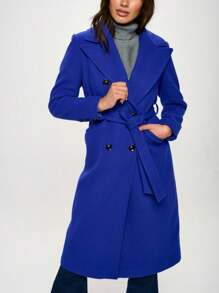 Women's Casual Coat Delicate  Double-Breasted Longline Coat With Belt Royal Blue Outerwear Belted Waist Long Sleeves Notched Lapel Collar Knee-Length Warm Wool-Blend Fabric Perfect For Spring/Fall/Winter Elegant Outerwear And Formal Occasions - Royal Blue - View 1