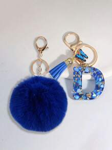 A-Z字母钥匙扣，蓝色爱心树脂钥匙扣配蓝色毛绒球，链条吊坠，背包挂饰，汽车配件，送给女性和女孩的礼物，情人节礼物，包包挂饰，圣诞节，万圣节派对礼物，适合送给家人、朋友、同学 - 藍色 - 查看 14