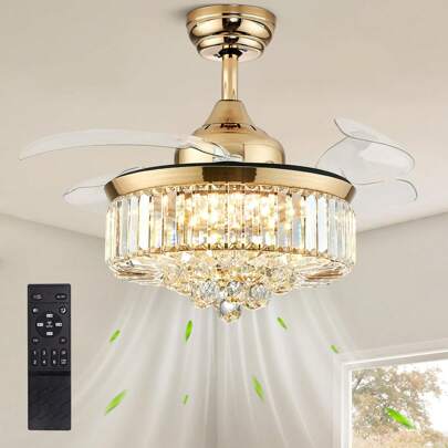 Gold Chandelier Ceiling Fan With Lights And Remote Control, Modern Dimmable LED Fandelier,  Retractable Invisible Chandelier Ceiling Fan For Bedroom Living Room