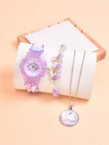 Đồng hồ LED chiếu sáng mới 2024 cho bé gái, Đồng hồ đeo tay thạch anh thiết kế kỳ lân cầu vồng, Bộ 3 vòng tay & mặt dây chuyền vòng cổ - Màu tím - Xem 5