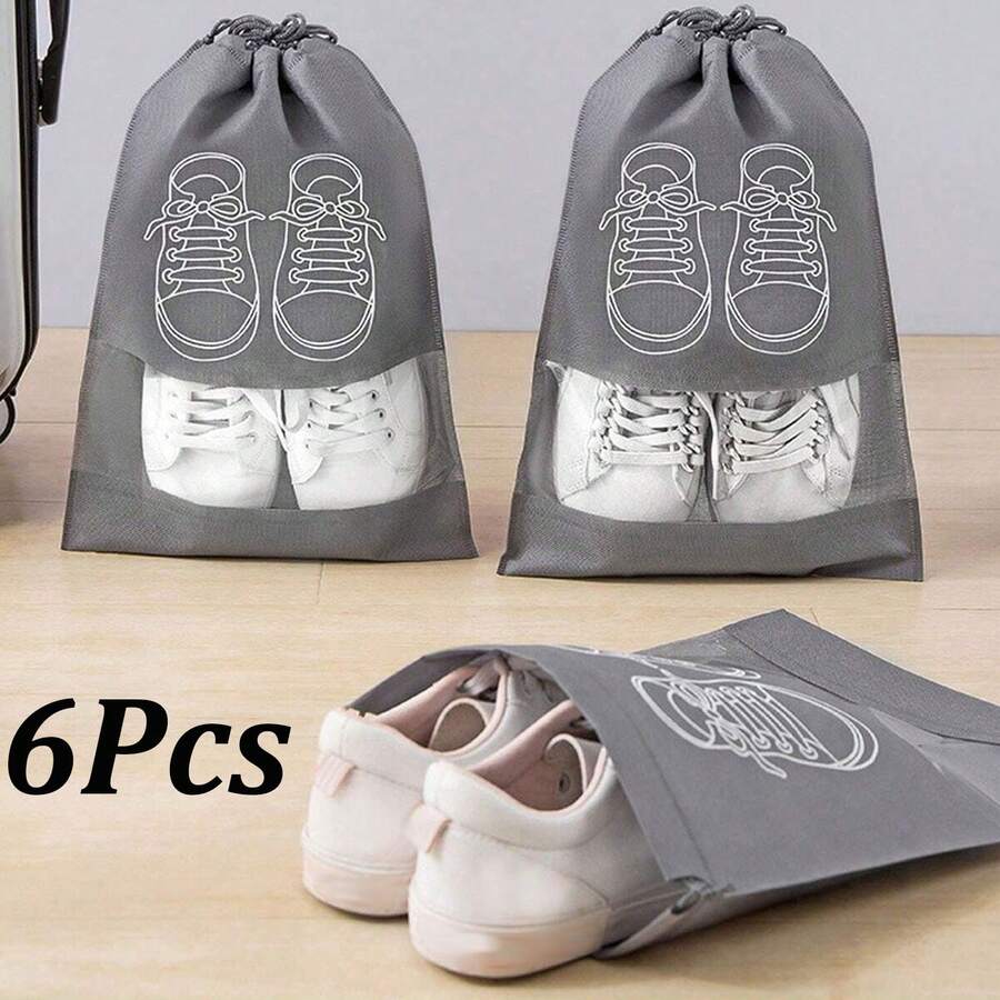 6个装抽绳袋鞋子收纳袋衣柜收纳袋便携式旅行鞋袋，节省空间防尘收纳袋，防潮打包鞋子收纳袋，抽绳鞋子收纳袋，衣柜防尘收纳袋，衣物分类挂袋鞋子收纳袋鞋子收纳袋旅行必需品旅行收纳袋旅行便携包防水口袋衣物分类抽绳挂袋度假出游必备学校用品旅行必需品女士宿舍 - 灰色 - 查看 1