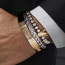 3 件装优雅皇冠设计不锈钢开口袖口手链男士 - 王冠 - 查看 1