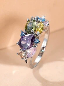 1pc Luxury Colorful Water Drop Stone Ring, Silver Color Multi-Color Claw Set Colorful Cubic Zirconia, Daily Jewelry Gift For Girls - ring - View 1