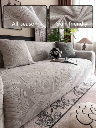 1pc Solid High Stretch Sofa Cover, All-Inclusive Jacquard Plush Seat Slipcover, Anti-Scratch Anti-Slip Washable Colorfast No-Shedding, Fits 1/2/3/4/5 Seater Living Room Sofa